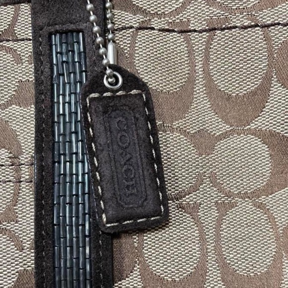 Coach Signature C Khaki Tote Jacquard Beaded Brown Suede Shoulder Bag #8K53 - Picture 14 of 16